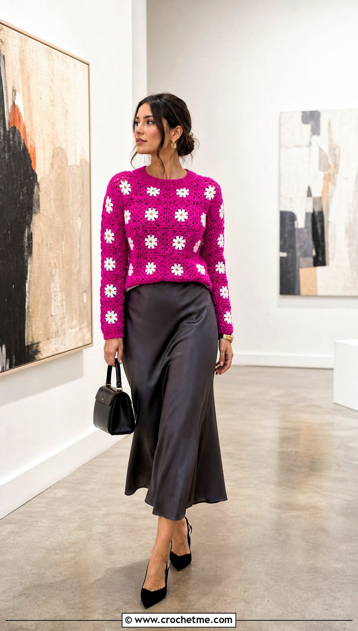 Fitted Daisy Granny Square Jumper With Satin Midi Skirt - 35 granny square jumper outfit ideas