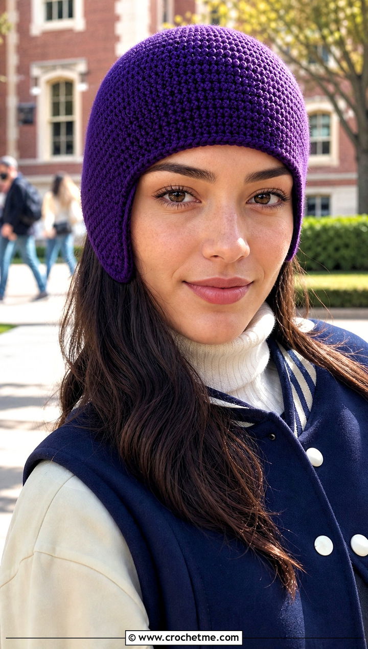 Fitted Ear Flap Skullcap With Varsity Jacket - 25 crochet ear flap hat outfit ideas