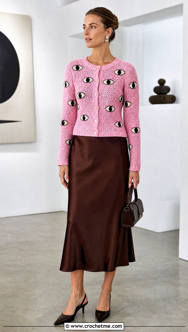 Fitted Eyeball Cardigan With Satin Midi Skirt - 15 Crochet Eyeball Cardigan outfit ideas
