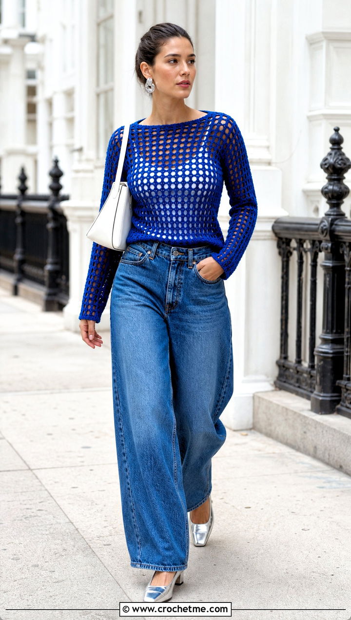 Fitted Filet Mesh Top With Wide Leg Jeans - 15 Crochet Long Sleeve Mesh Top outfit ideas