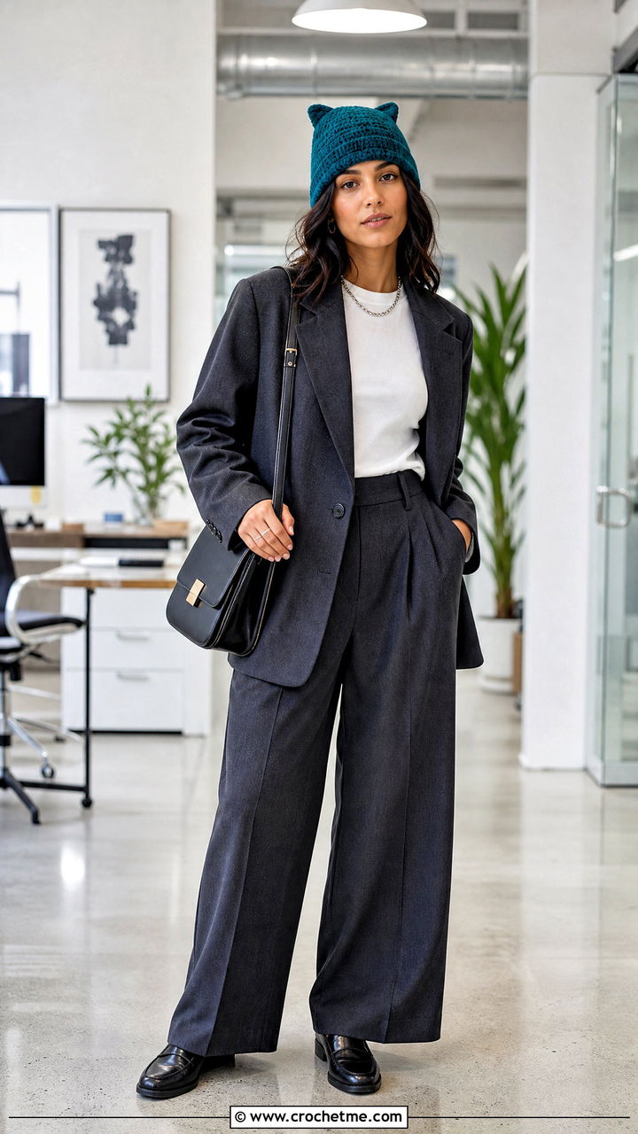 Fitted Finn Beanie With Blazer And Wide Leg Trousers - 35 crochet finn hat outfit ideas