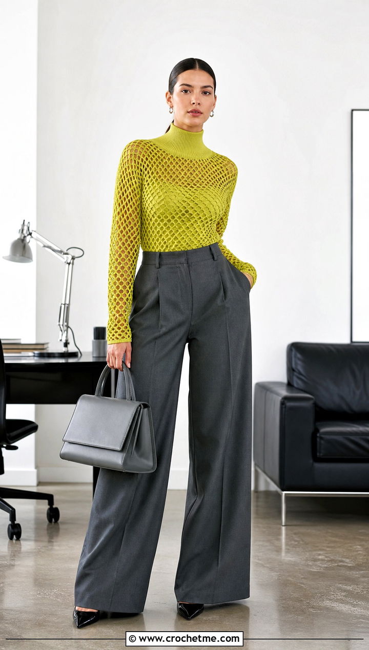 Fitted Fishnet Sweater With Wide Leg Suit Pants - 20 Crochet Fishnet Sweater outfit ideas