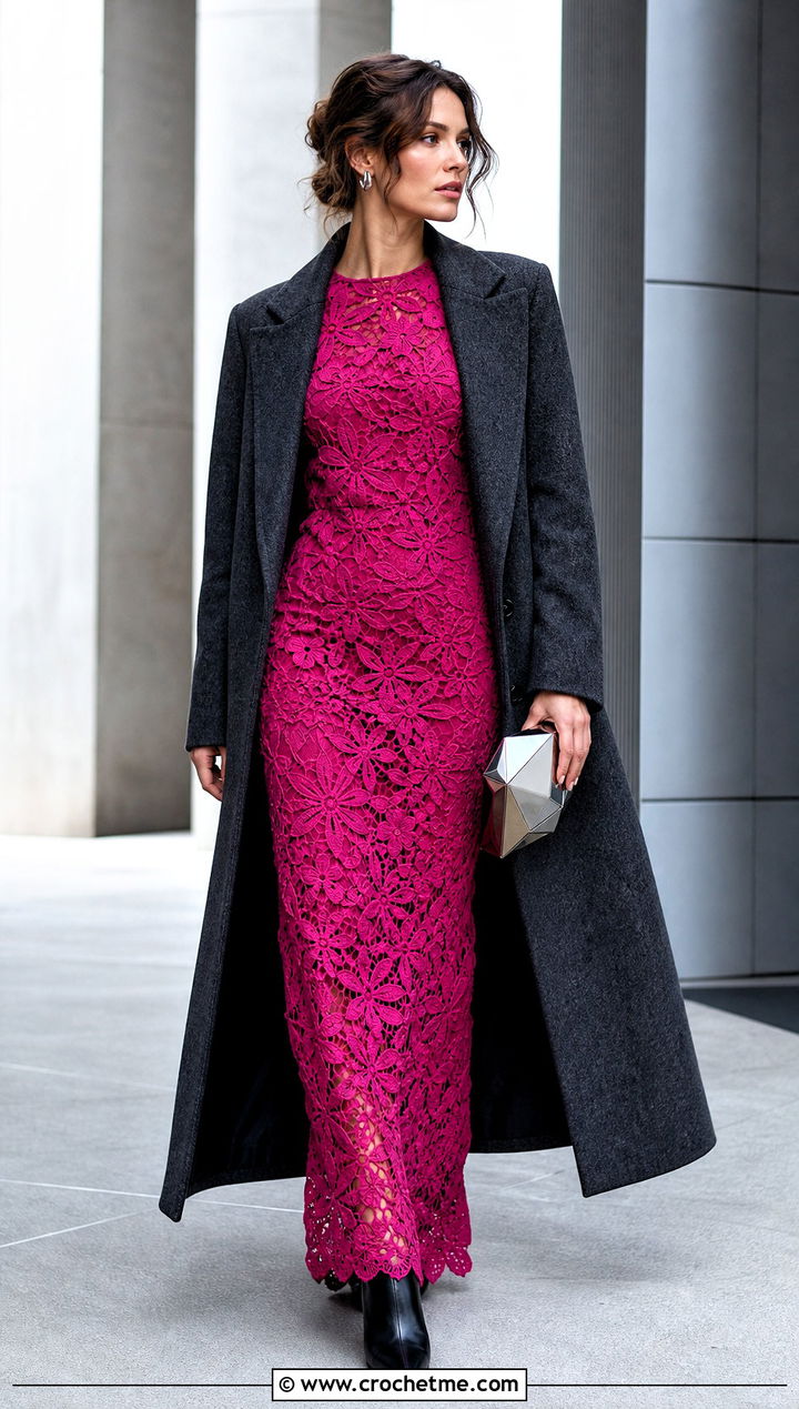 Fitted Floral Crochet Column Maxi Dress With Long Coat - 15 floral crochet maxi dress outfit ideas