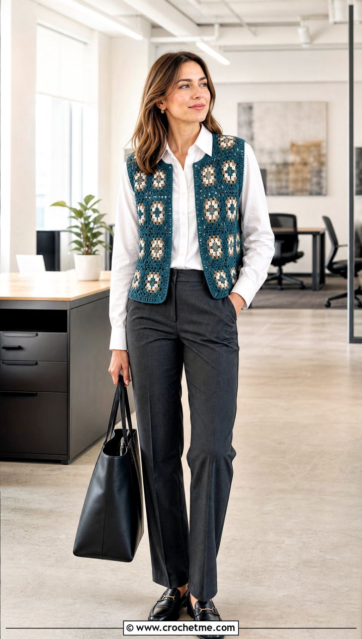 Fitted Floral Granny Square Open Vest With Tailored Trousers - 25 granny square open vest outfit ideas