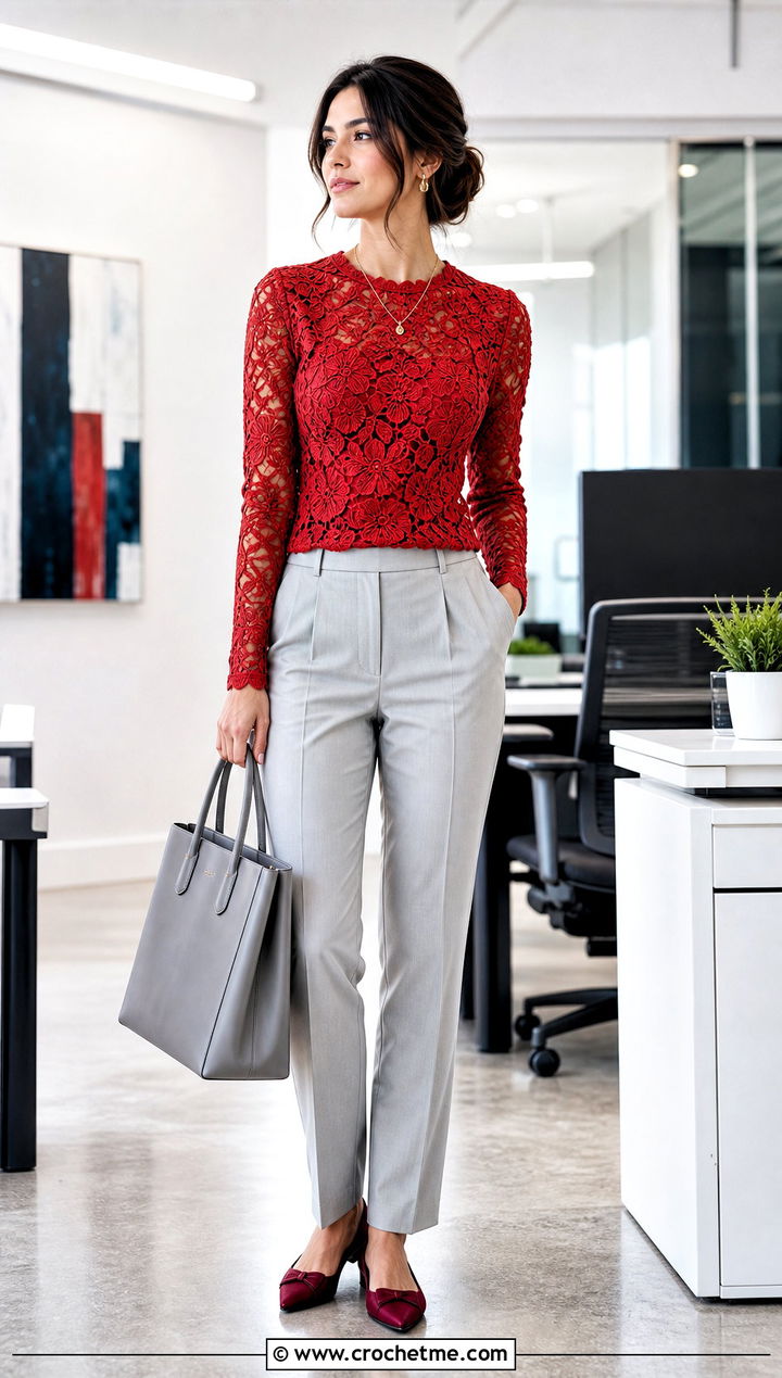 Fitted Floral Lace Crochet Long Sleeve Top With Office Trousers - 25 Crochet Flower Top Long Sleeve outfit ideas