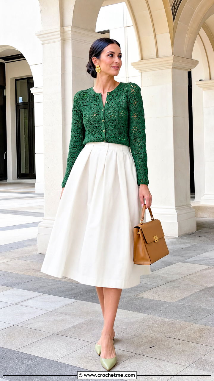 Fitted Granny Cardigan With Full Midi Skirt - 35 crochet granny cardigan outfit ideas