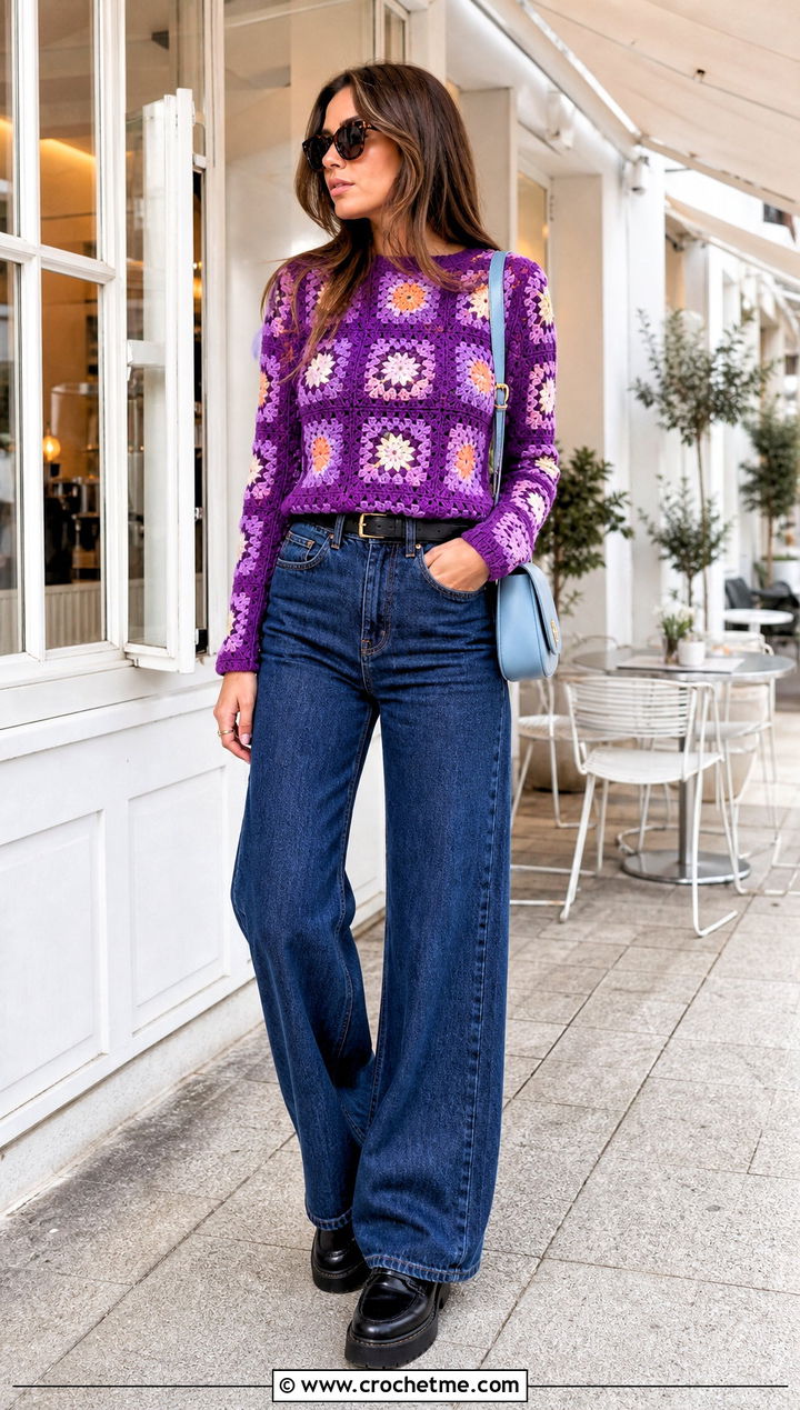Fitted Granny Motif Pullover With Wide Leg Jeans - 15 love my granny crochet pullover outfit ideas