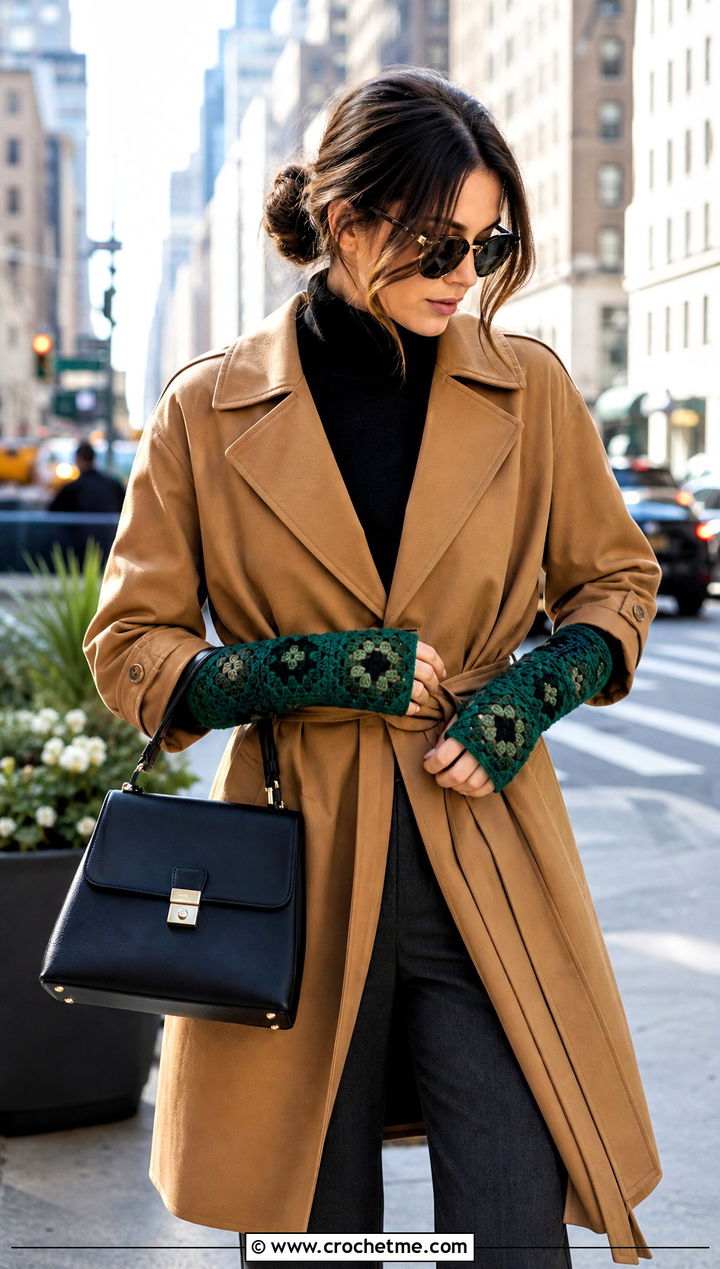Fitted Granny Square Arm Warmers With Trench Coat And Loafers - 25 Granny Square Arm Warmers outfit ideas