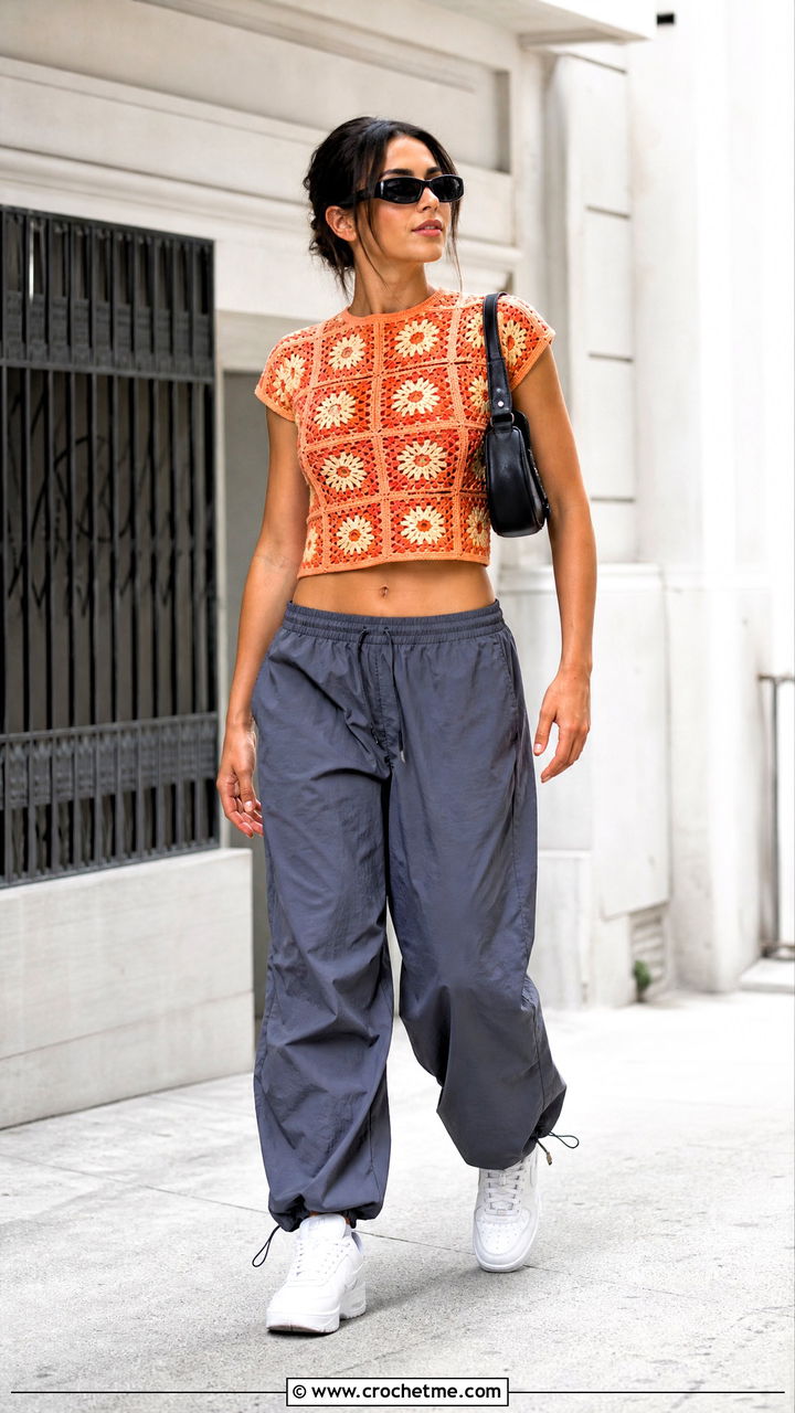 Fitted Granny Square Baby Tee With Parachute Pants - 35 granny square tops outfit ideas