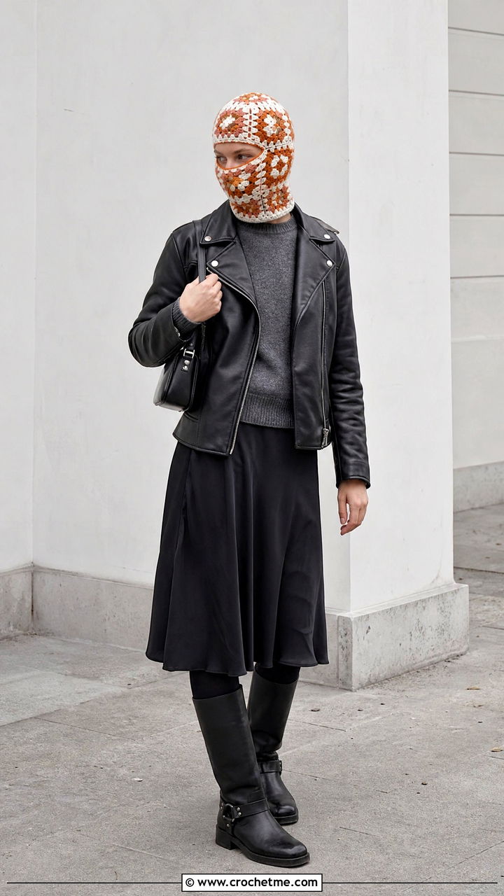 Fitted Granny Square Balaclava With Leather Jacket - 35 granny square balaclava outfit ideas