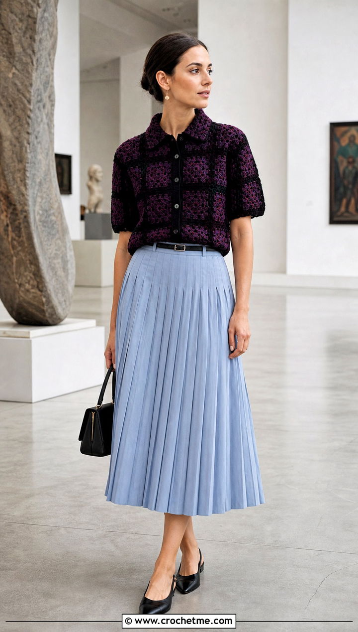 Fitted Granny Square Button Up Shirt With Pleated Midi Skirt - 25 Granny Square Button Up Shirt outfit ideas