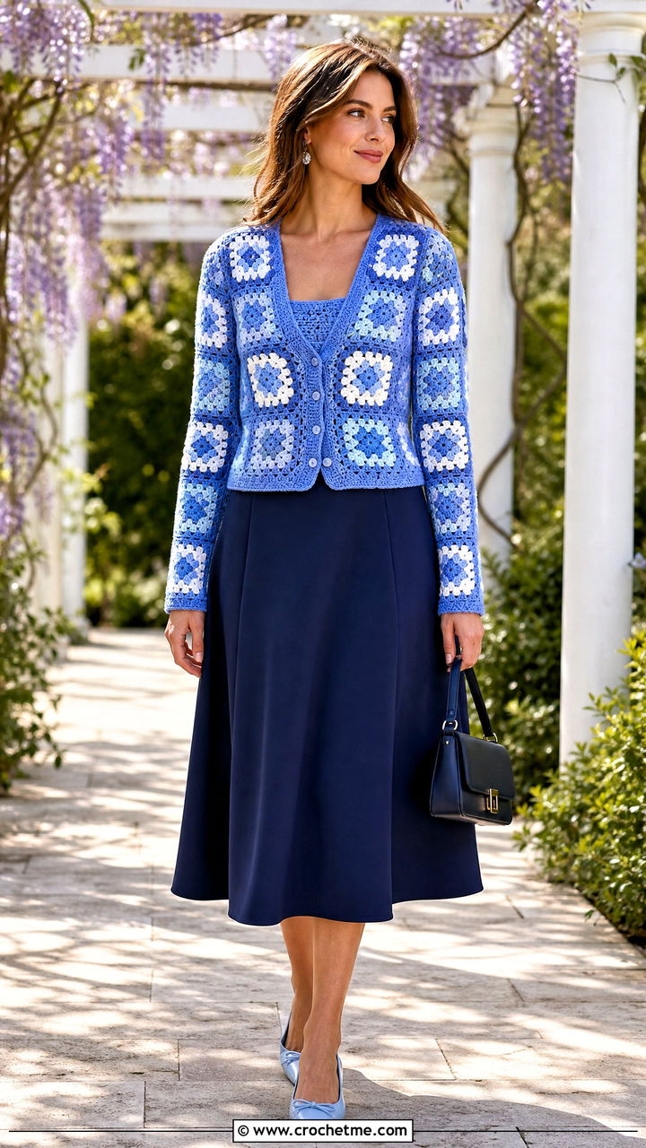 Fitted Granny Square Cardigan With A Line Midi Skirt - 35 crochet granny square cardigan outfit ideas