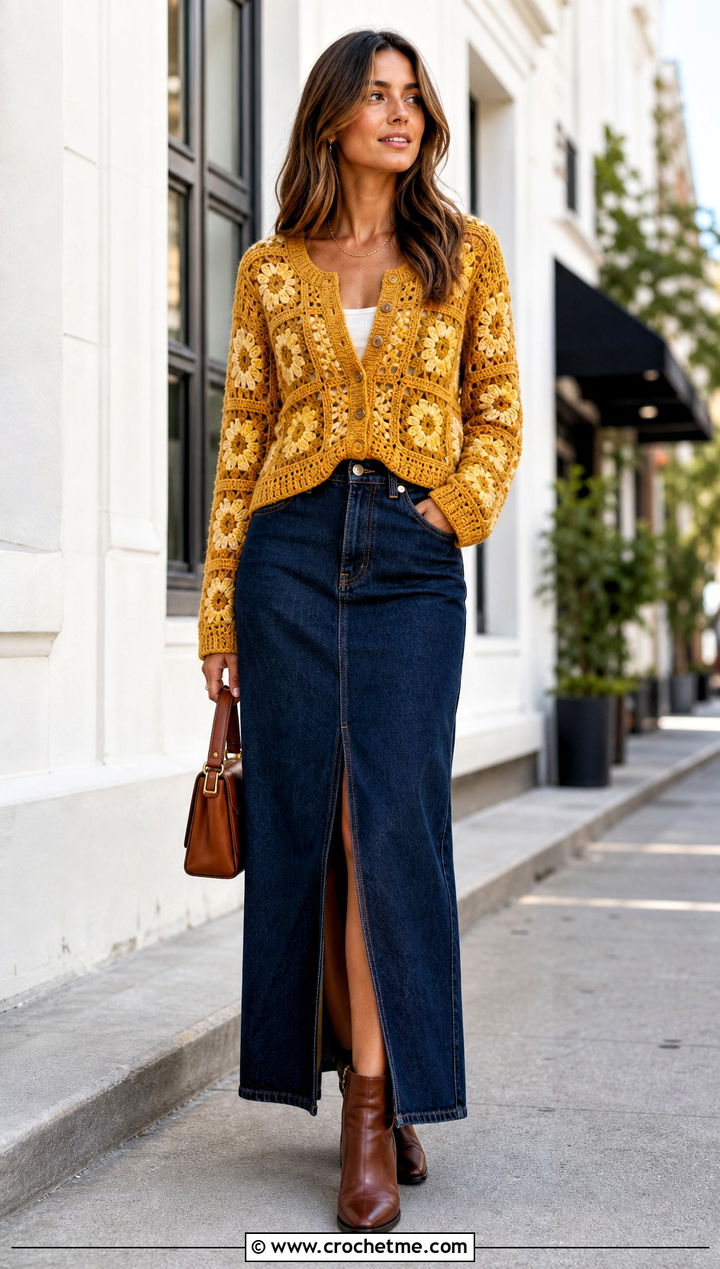 Fitted Granny Square Cardigan With Denim Maxi Skirt - 25 One Granny Square Cardigan outfit ideas