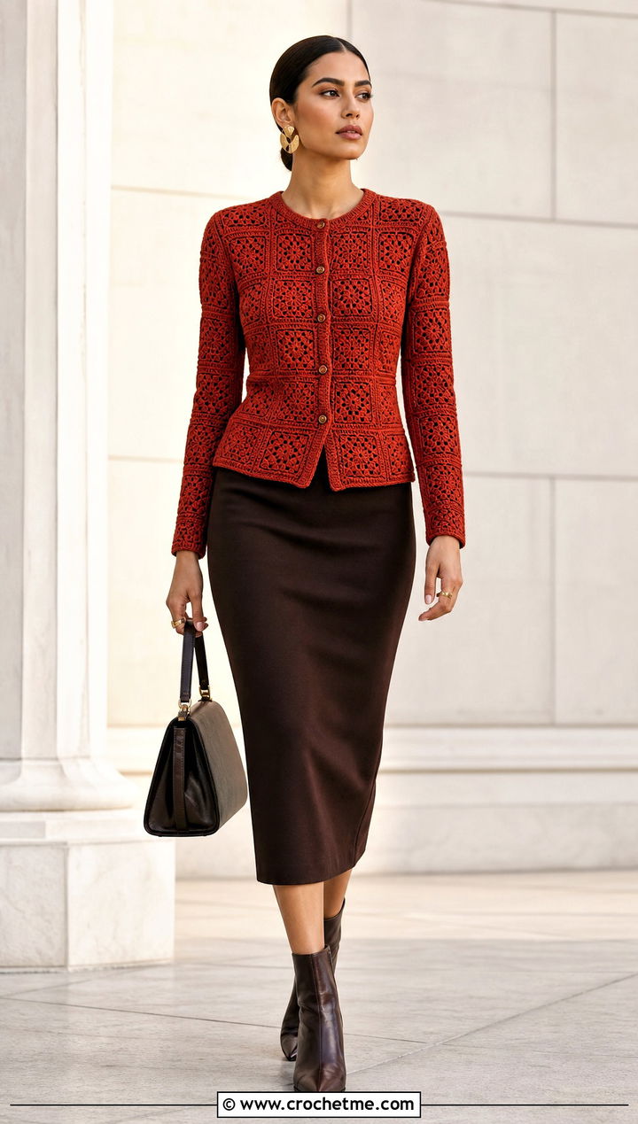 Fitted Granny Square Cardigan With Pencil Skirt - 20 Crochet Fall Granny Square Cardigan outfit ideas