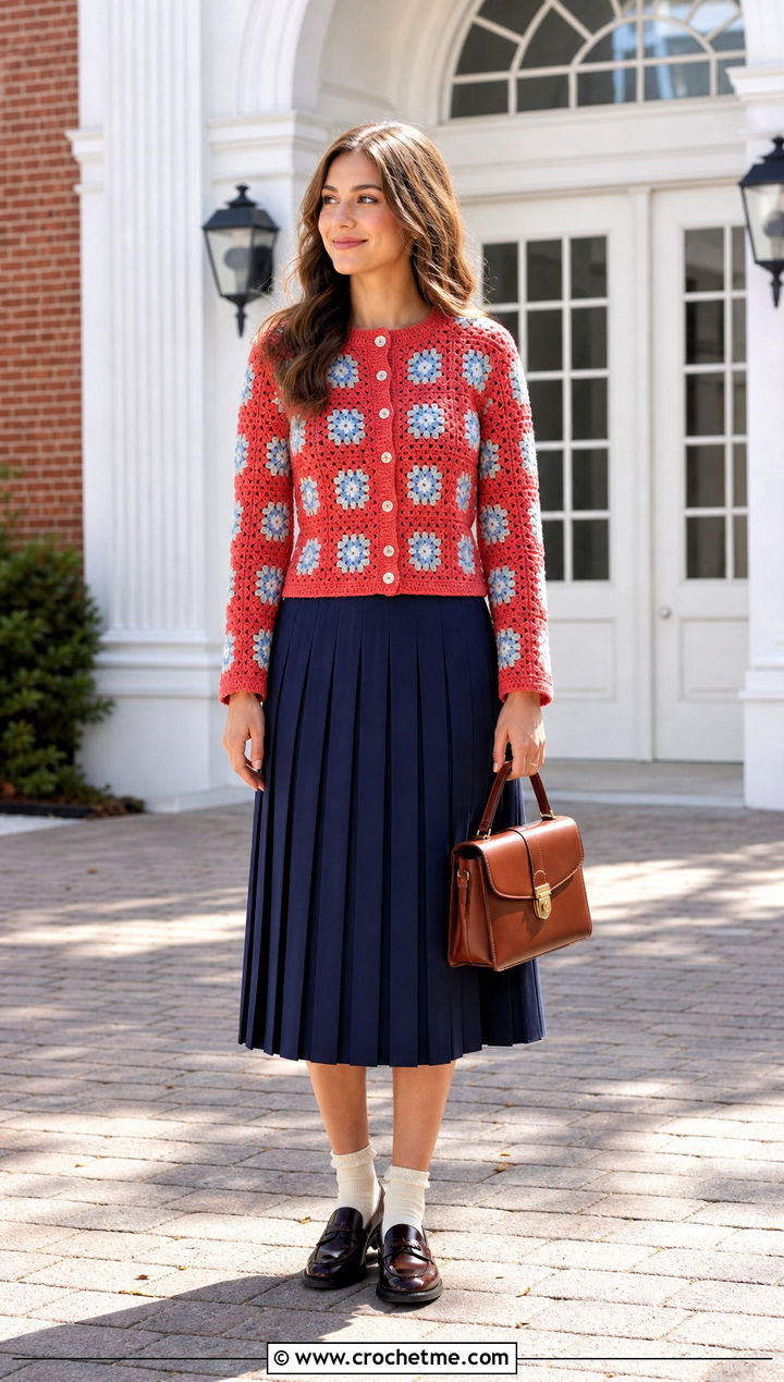 Fitted Granny Square Cardigan With Pleated Midi Skirt - 30 cardigan with granny square outfit ideas