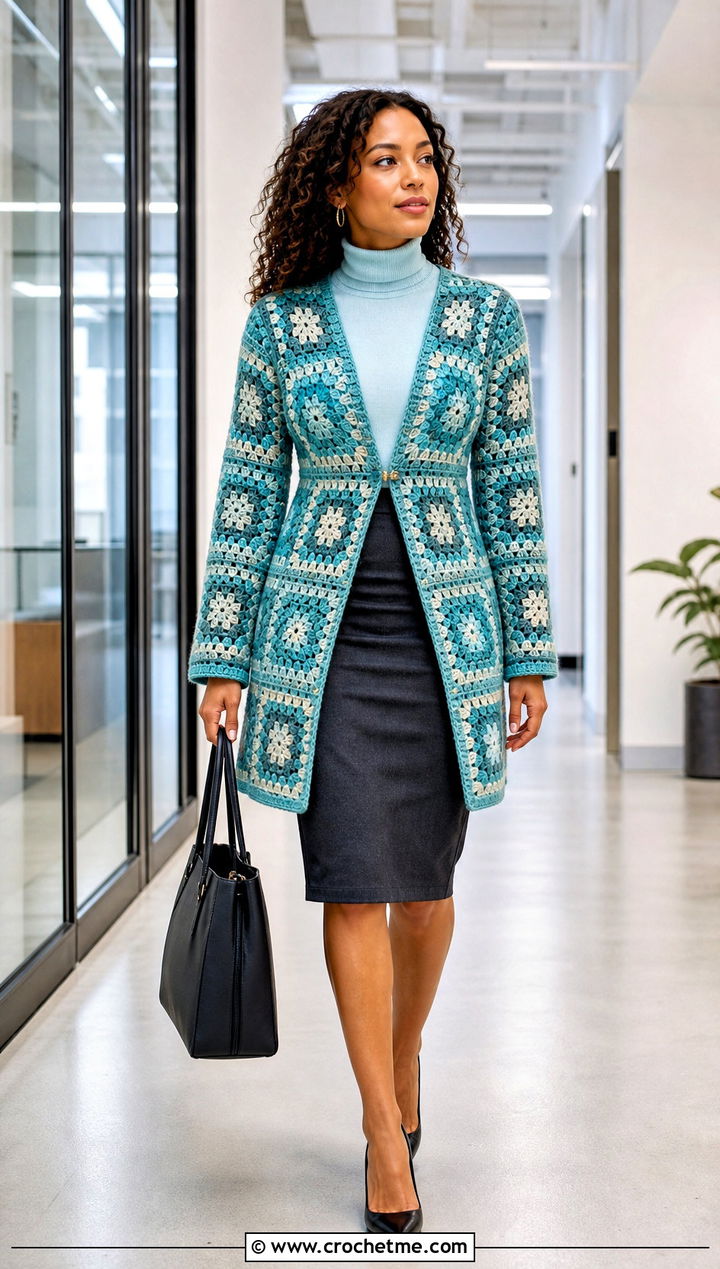 Fitted Granny Square Coat With Pencil Skirt - 30 granny square coat outfit ideas
