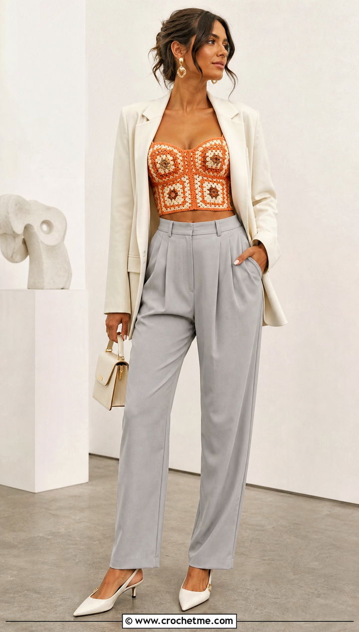 Fitted Granny Square Corset Top With Pleated Trousers - 35 granny squares top outfit ideas