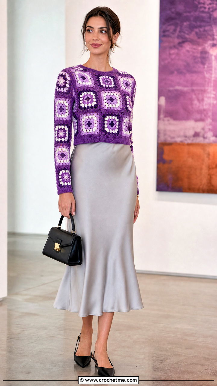 Fitted Granny Square Crewneck Sweater With Satin Midi Skirt - 35 4 Granny Square Sweater outfit ideas