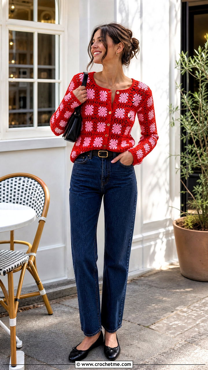 Fitted Granny Square Crochet Cardigan With Dark Wash Jeans - 35 granny square crochet cardigan outfit ideas
