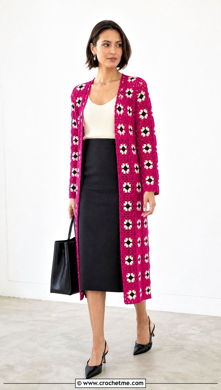 Fitted Granny Square Crochet Duster With Pencil Skirt - 15 Granny Square Crochet Duster outfit ideas