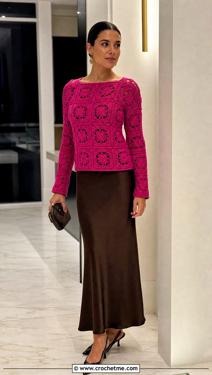 Fitted Granny Square Crochet Long Sleeve Top With Slip Skirt - 25 Granny Square Crochet Long Sleeve Top outfit ideas