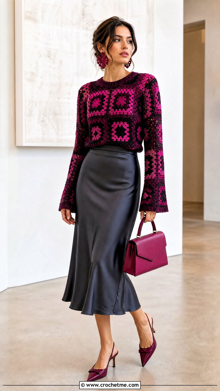 Fitted Granny Square Crochet Sweater With Satin Midi Skirt - 35 granny square crochet sweater outfit ideas