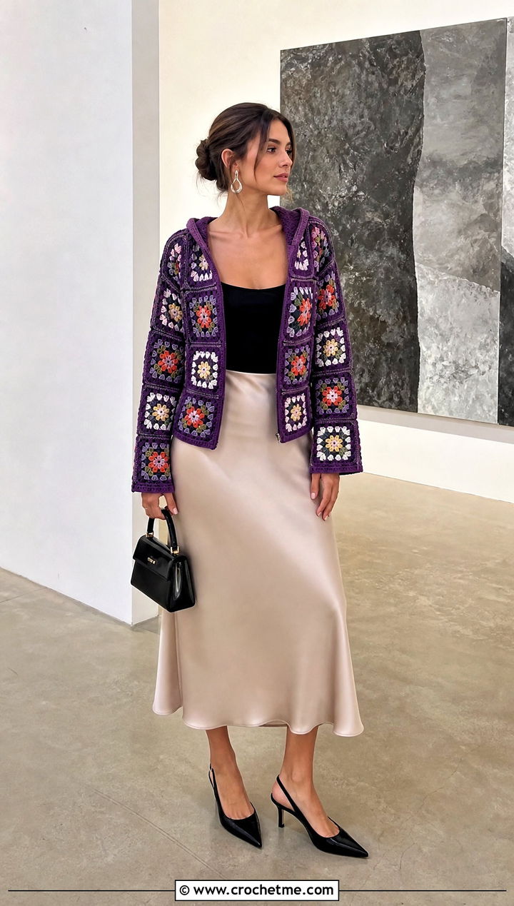 Fitted Granny Square Hooded Jacket With Satin Midi Skirt - 25 Granny Square Hooded Jacket outfit ideas