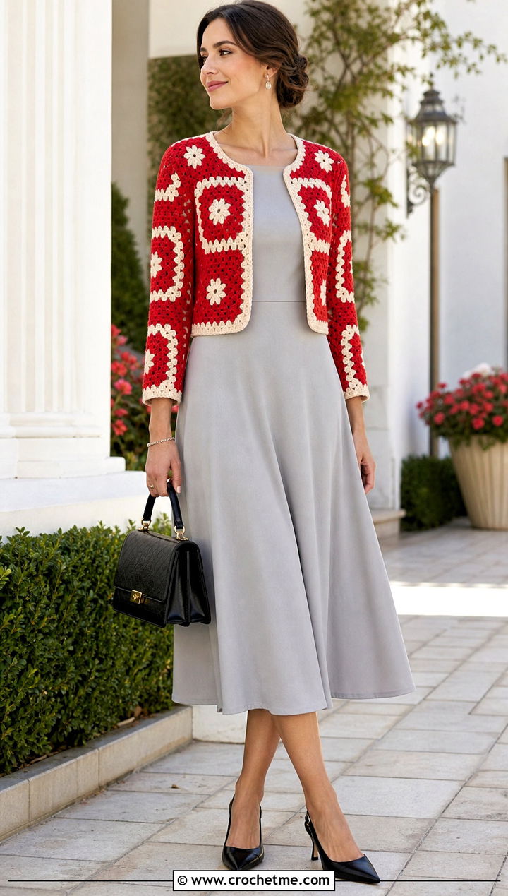 Fitted Granny Square Jacket With A Line Dress - 30 granny square jackets outfit ideas
