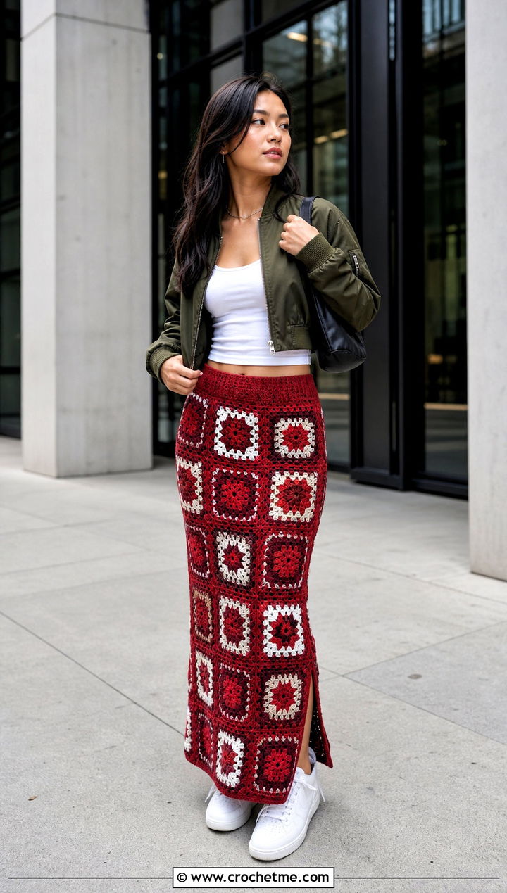 Fitted Granny Square Maxi Skirt With Bomber Jacket - 30 granny square crochet skirt outfit ideas