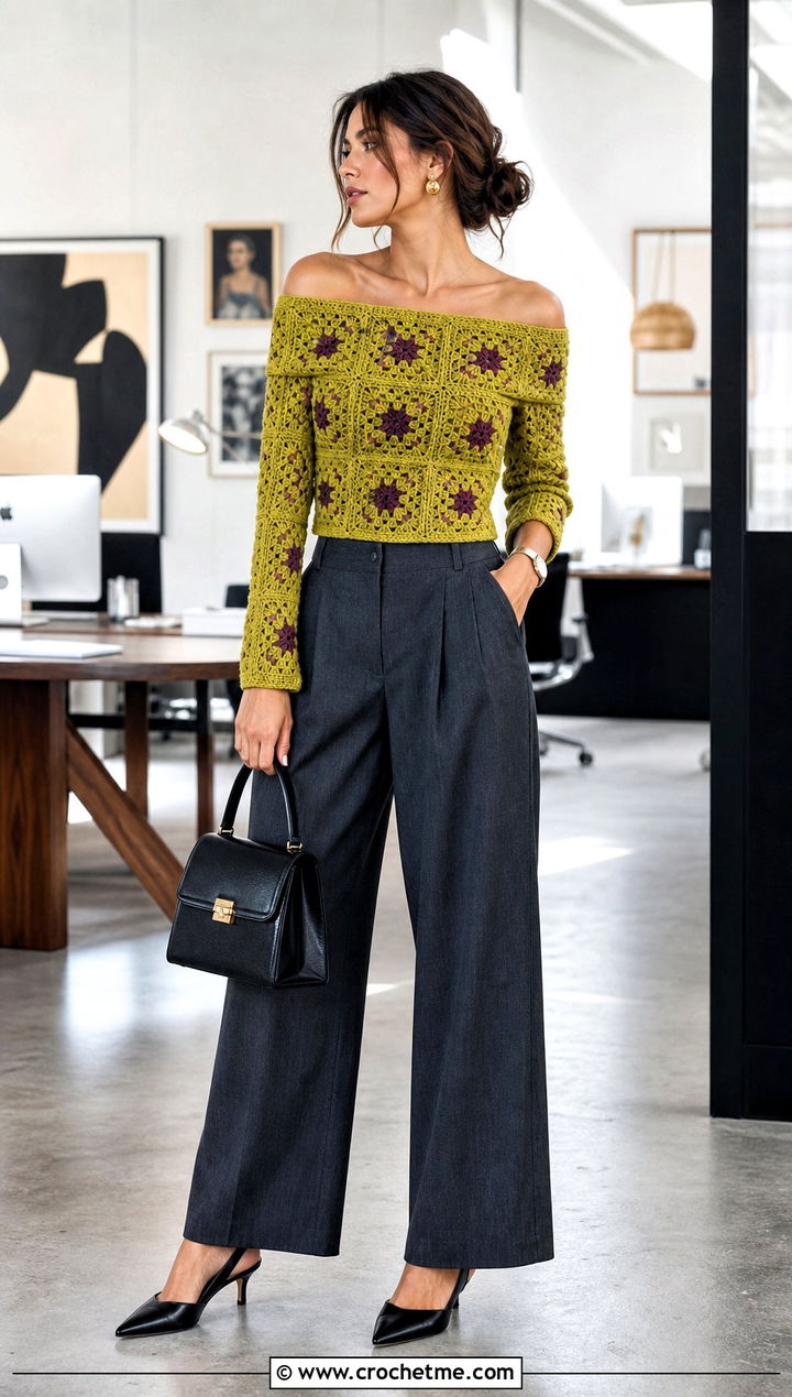 Fitted Granny Square Off The Shoulder Sweater With Wide Leg Trousers - 20 granny square off the shoulder sweater outfit ideas