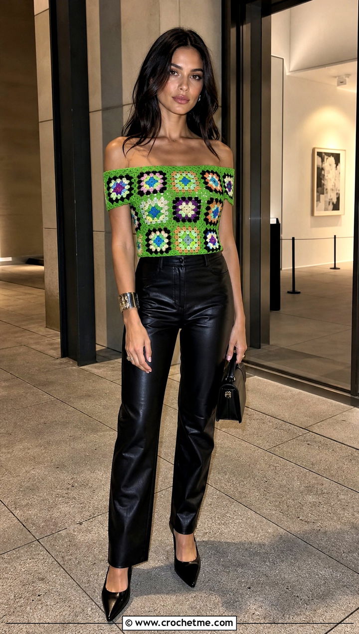 Fitted Granny Square Off The Shoulder Top With Leather Pants - 25 Granny Square Off The Shoulder Top outfit ideas