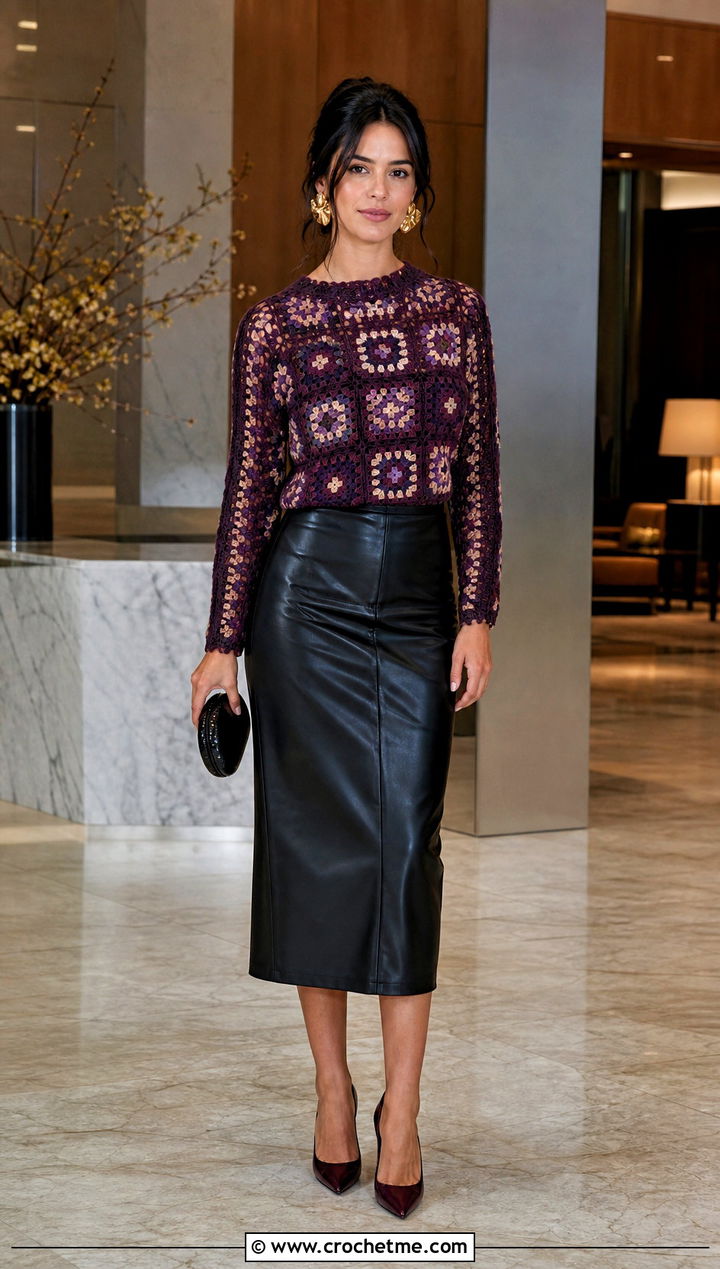 Fitted Granny Square Pullover With Leather Midi Skirt - 25 granny crochet sweater outfit ideas