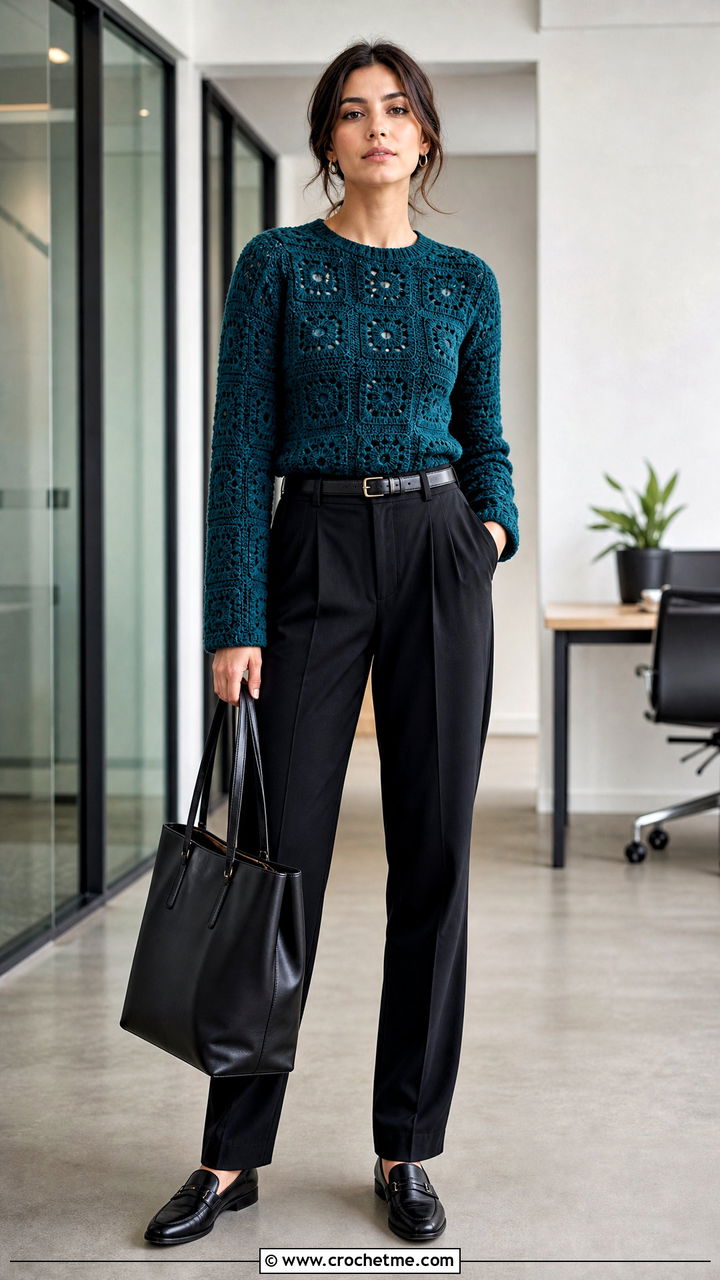Fitted Granny Square Pullover With Pleated Pants - 35 granny square pullover outfit ideas