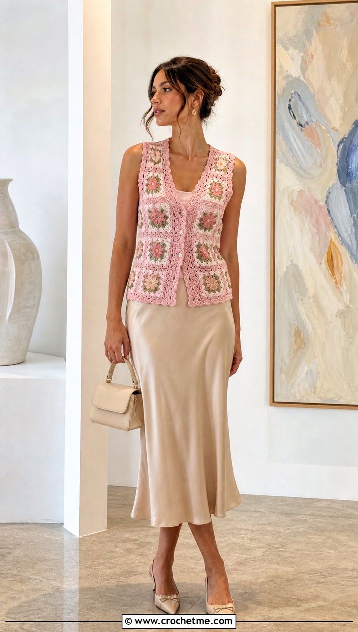 Fitted Granny Square Sleeveless Cardigan With Satin Midi Skirt - 30 granny square sleeveless cardigan outfit ideas