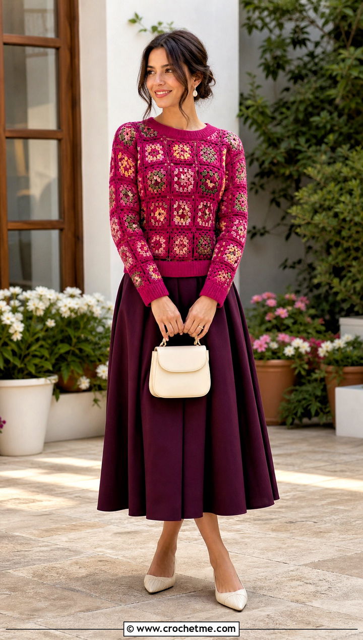 Fitted Granny Square Sweater With Full Midi Skirt - 30 crochet sweater with granny squares outfit ideas
