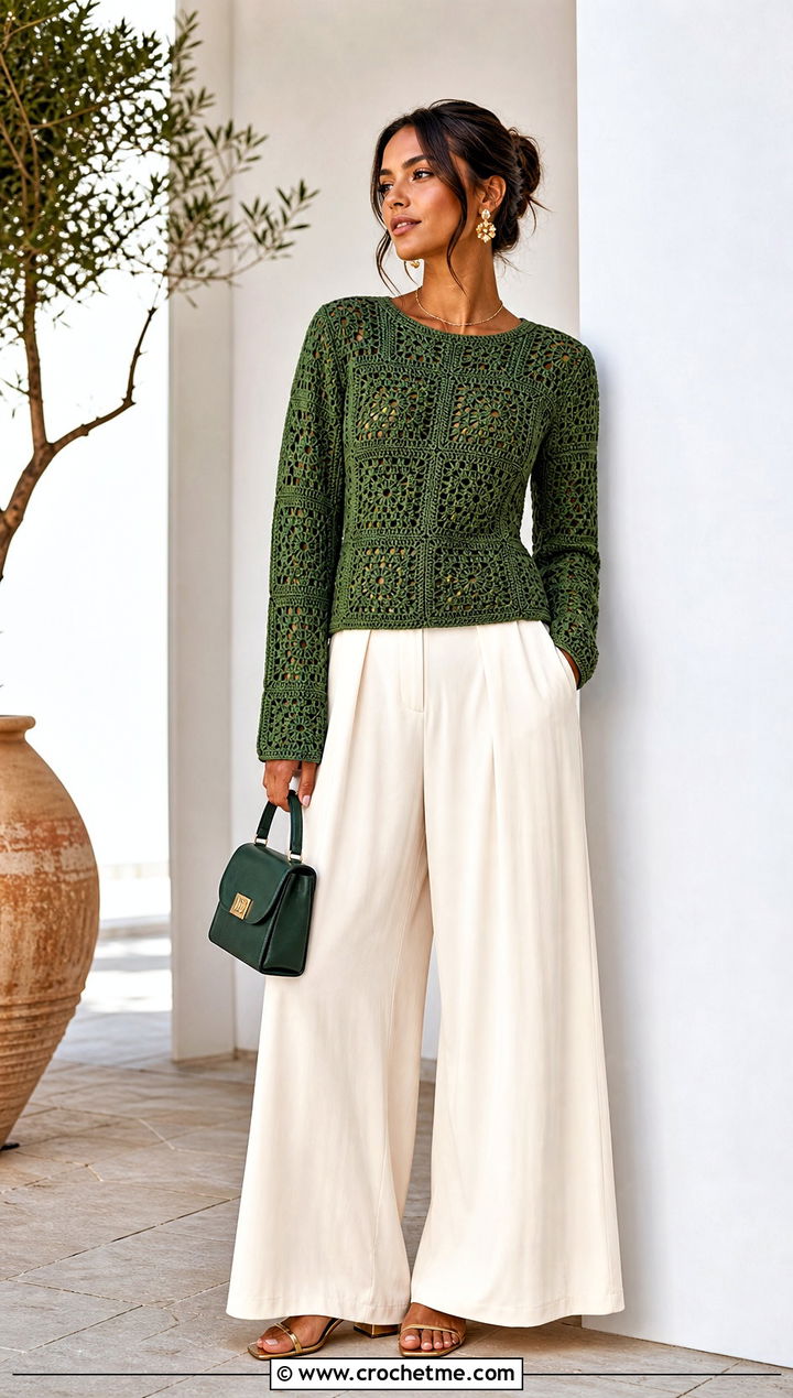 Fitted Granny Square Sweater With Palazzo Pants - 30 easy granny square sweater outfit ideas