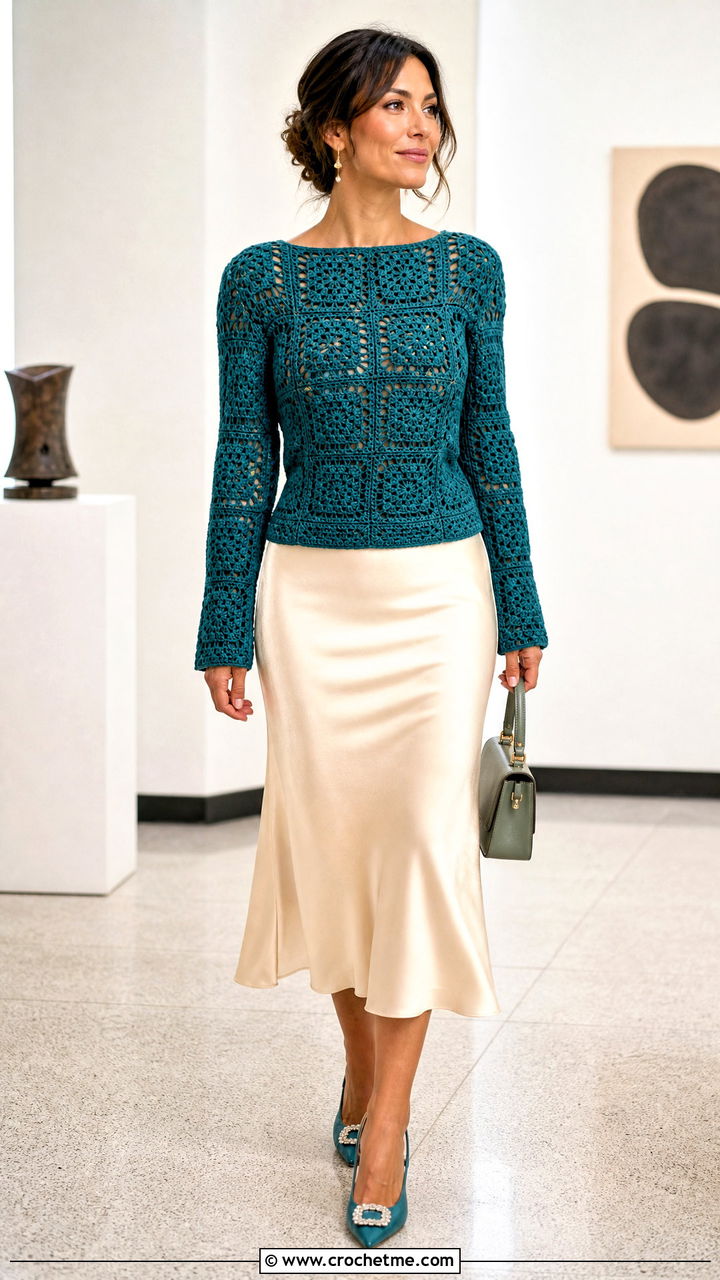 Fitted Granny Square Sweater With Satin Midi Skirt - 35 granny square sweater outfit ideas