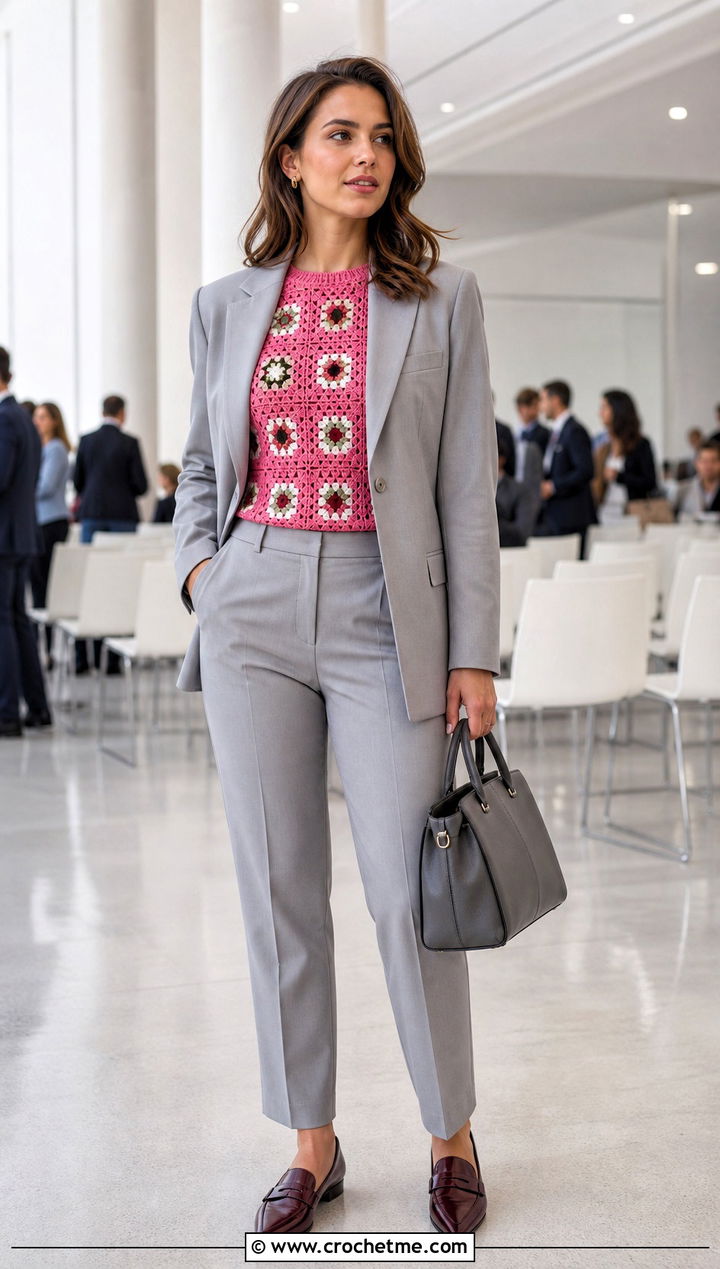 Fitted Granny Square Sweater With Tailored Suit - 35 Crochet Square Sweater outfit ideas