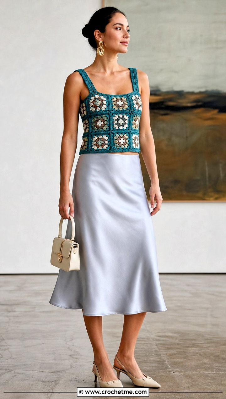 Fitted Granny Square Tank Top With Satin Midi Skirt - 25 crochet granny tank top outfit ideas