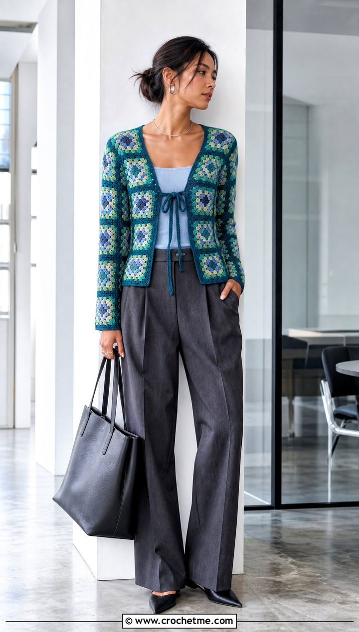 Fitted Granny Square Tie Cardigan With Tailored Trousers - 25 Granny Square Tie Cardigan outfit ideas