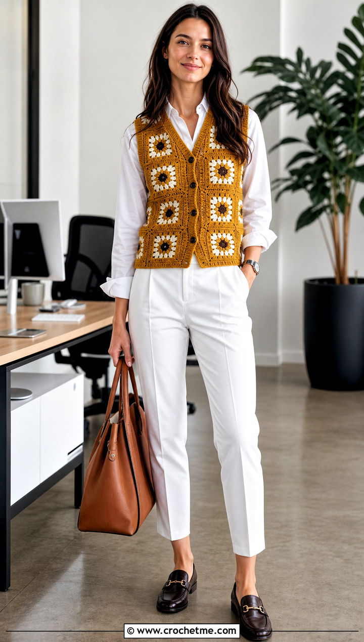 Fitted Granny Square Waistcoat With White Shirt And Trousers - 25 crochet granny square waistcoat outfit ideas