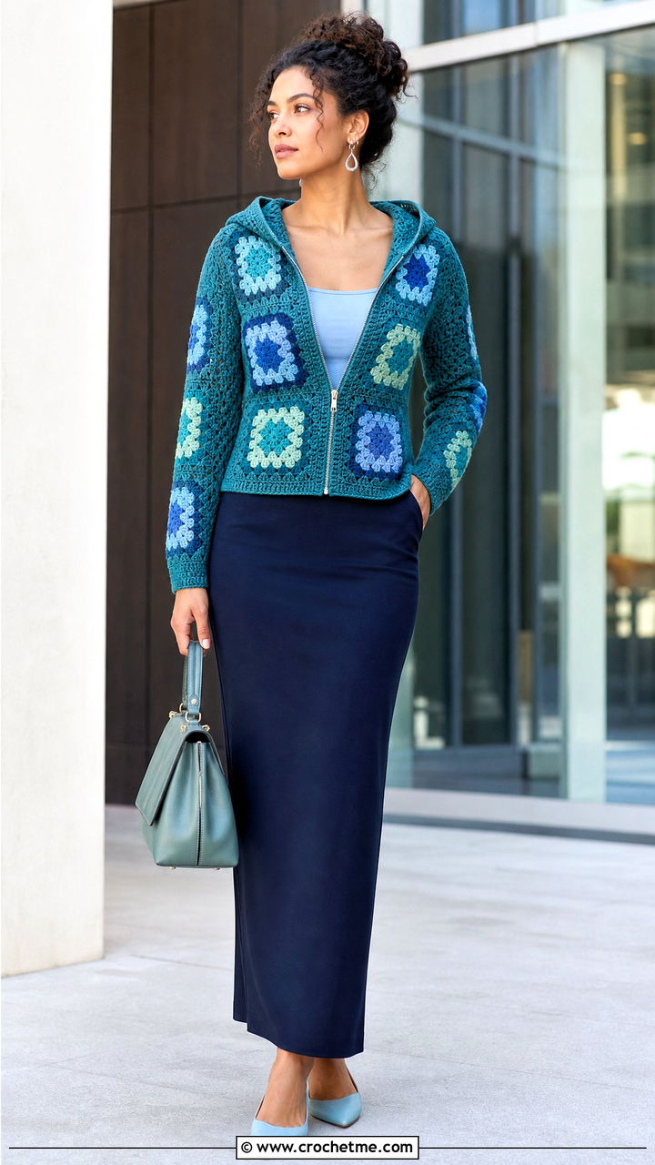 Fitted Granny Square Zip Hoodie With Column Skirt - 35 granny square hoodie outfit ideas