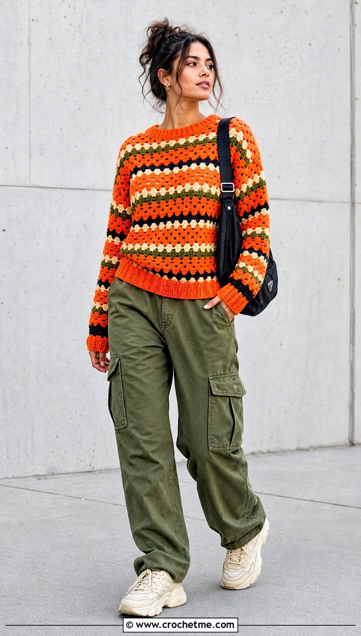 Fitted Granny Stripe Crochet Sweater With Cargo Pants - 25 Granny Stripe Crochet Sweater outfit ideas