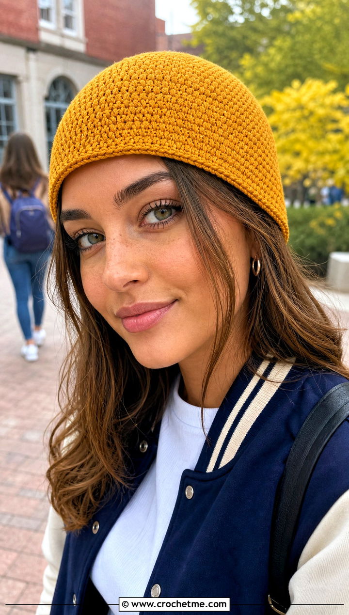 Fitted HDC Crochet Beanie With Varsity Jacket And Wide Leg Jeans - 20 hdc crochet beanie outfit ideas