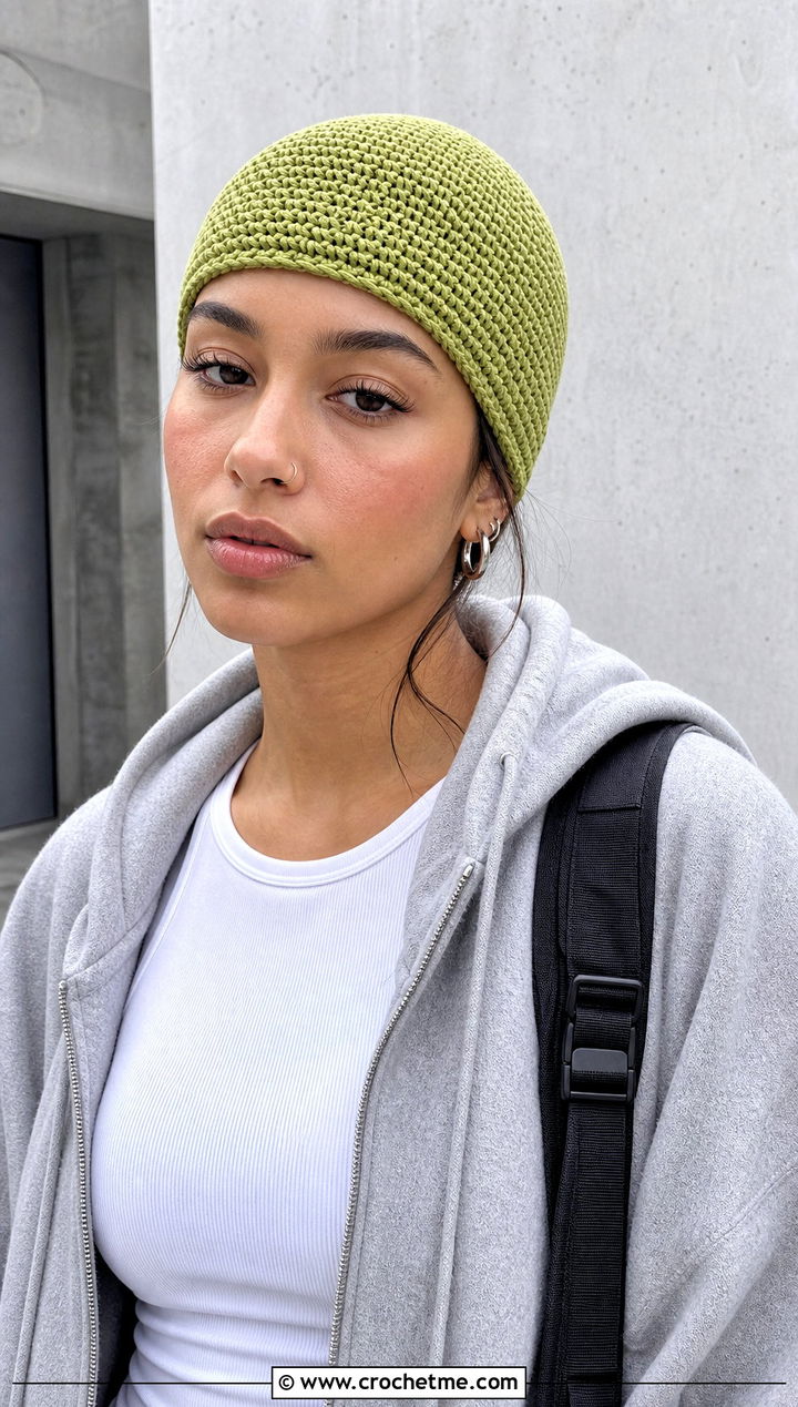 Fitted HDC Skullcap Beanie With Hoodie And Cargo Pants - 20 hdc crochet hat outfit ideas