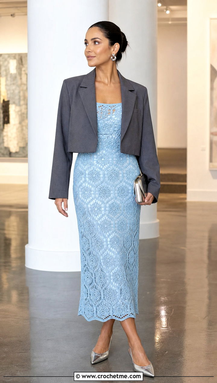 Fitted Hexagon Crochet Midi Dress With Kitten Heels - 25 hexagon crochet dress outfit ideas