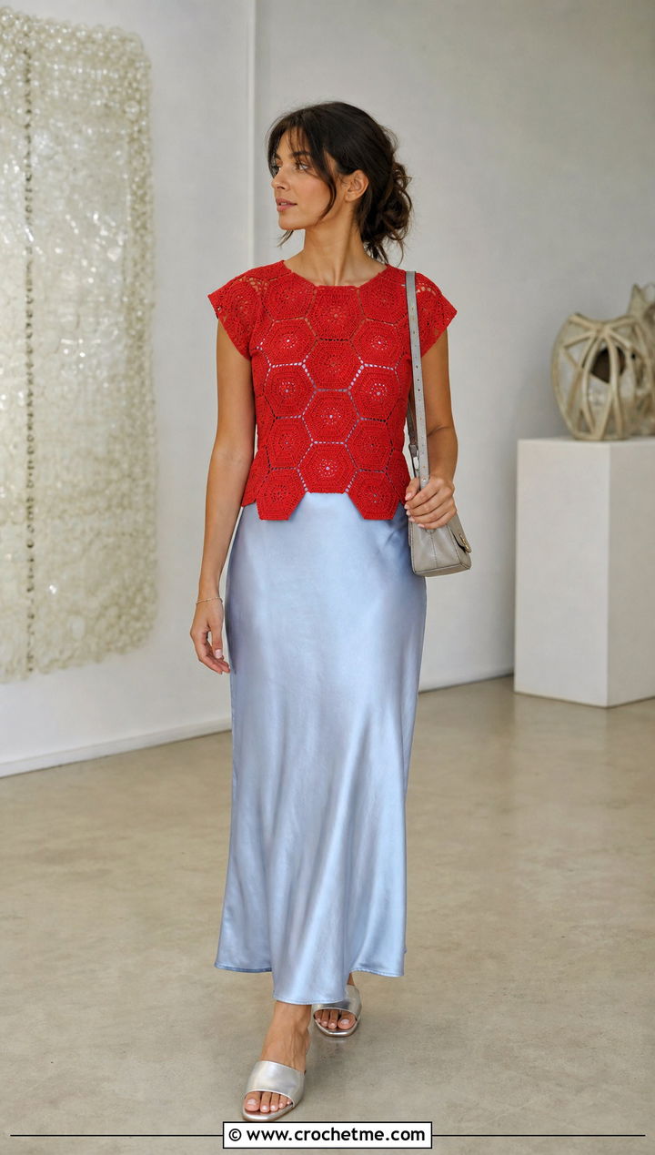 Fitted Hexagon Top Over A Slip Dress - 35 crochet hexagon top outfit ideas