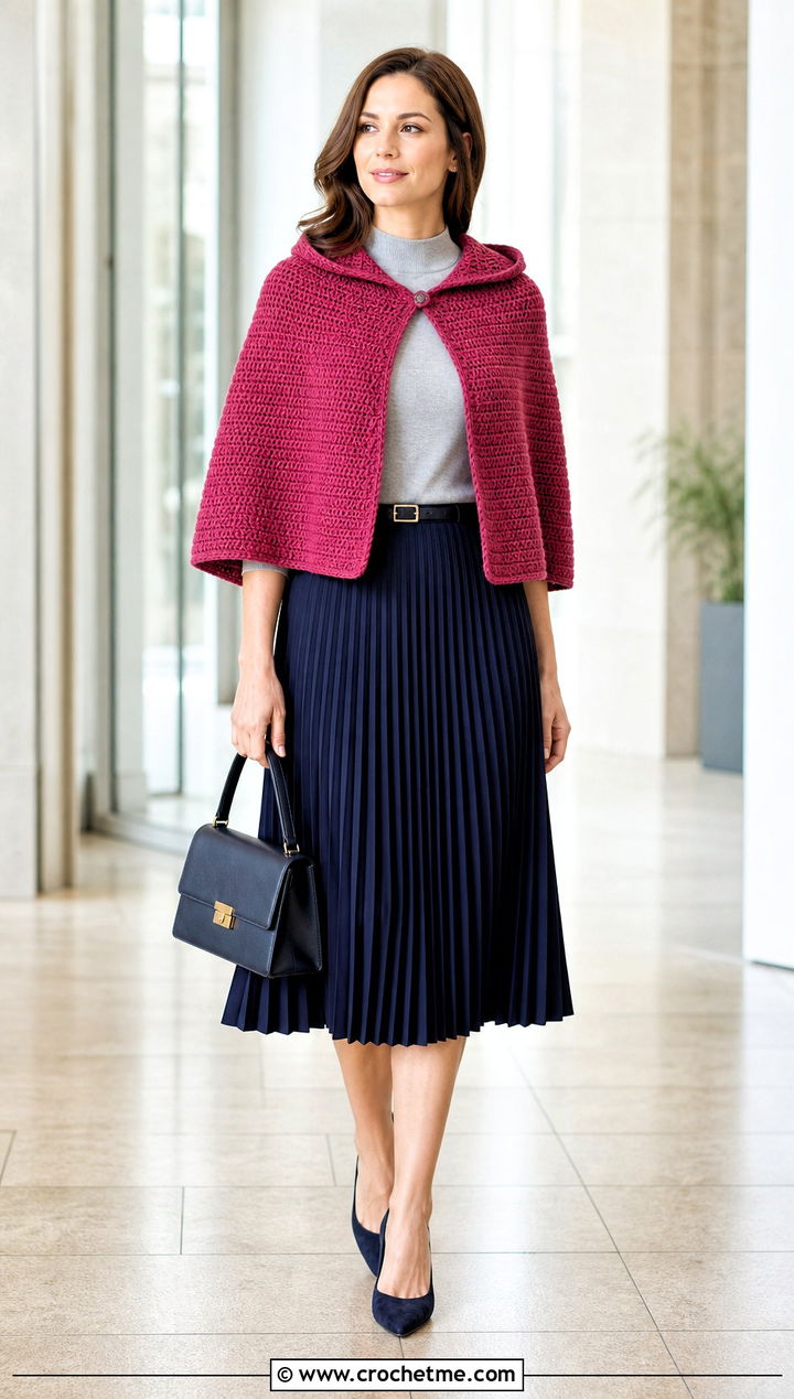 Fitted Hooded Crochet Capelet With Pleated Midi Skirt - 25 Hooded Crochet Cape outfit ideas
