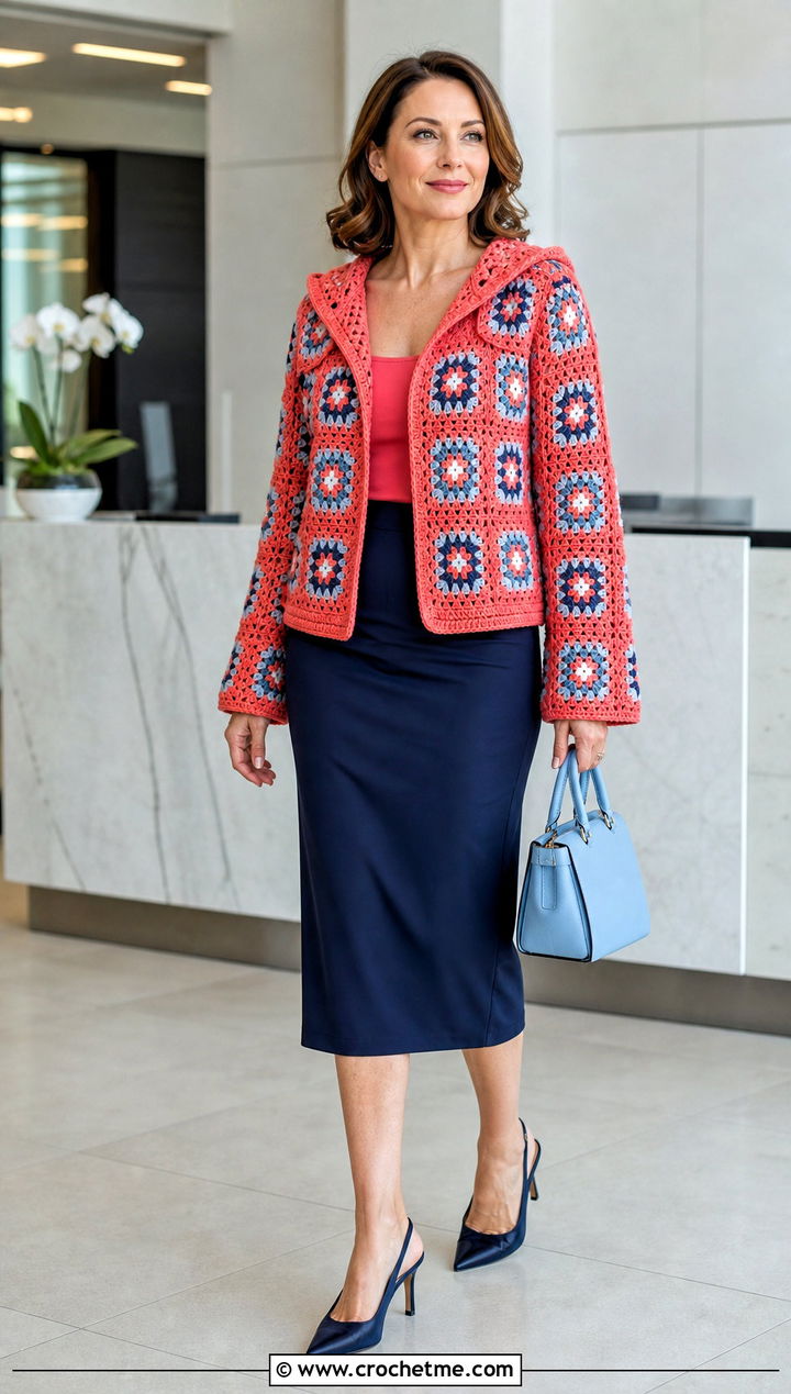 Fitted Hooded Granny Square Cardigan With Pencil Skirt - 30 granny square cardigan with hood outfit ideas