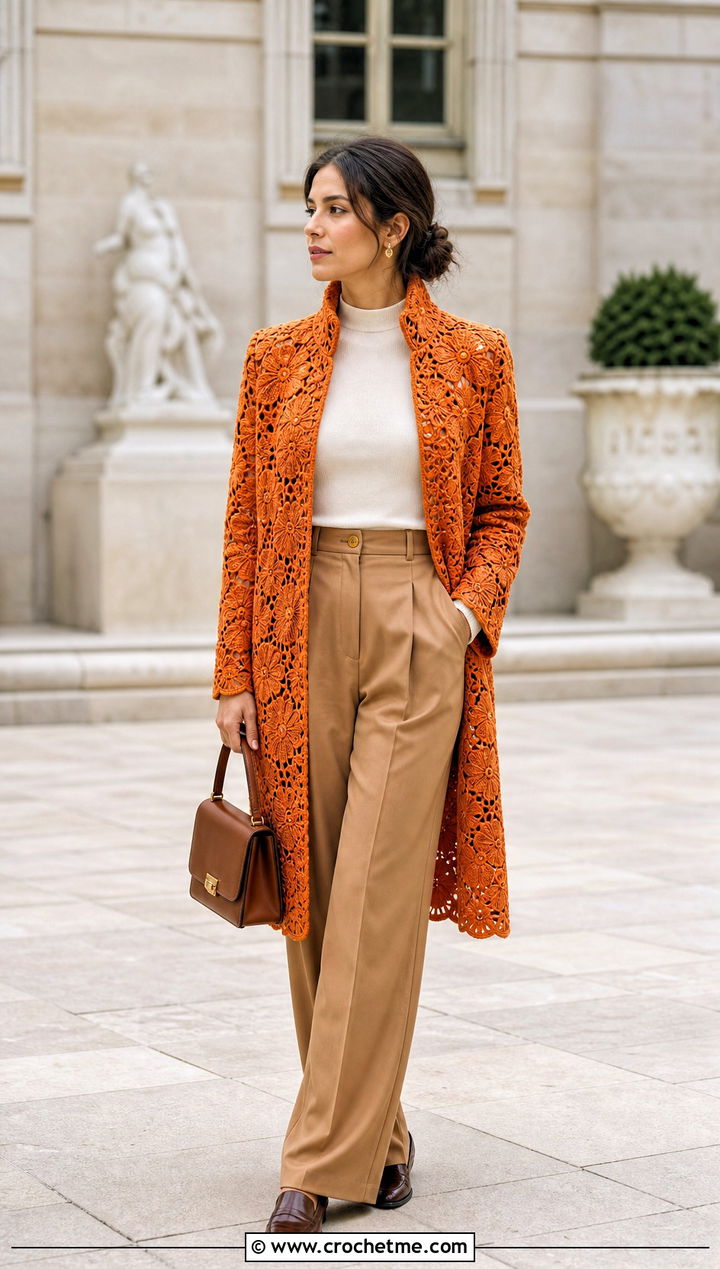 Fitted Irish Crochet Coat With Pleated Trousers - 25 irish crochet coat outfit ideas